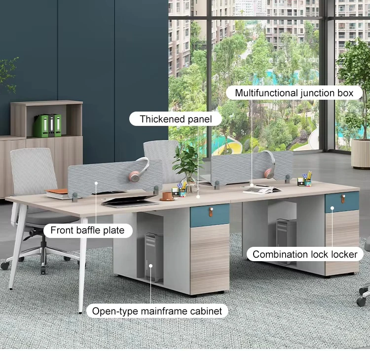Poste de travail de bureau moderne pour 4 personnes avec tiroirs de rangement et &eacute;cran de confidentialit&eacute;