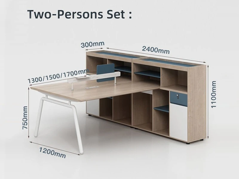 Poste de travail de bureau moderne pour deux personnes avec &eacute;tag&egrave;res de rangement