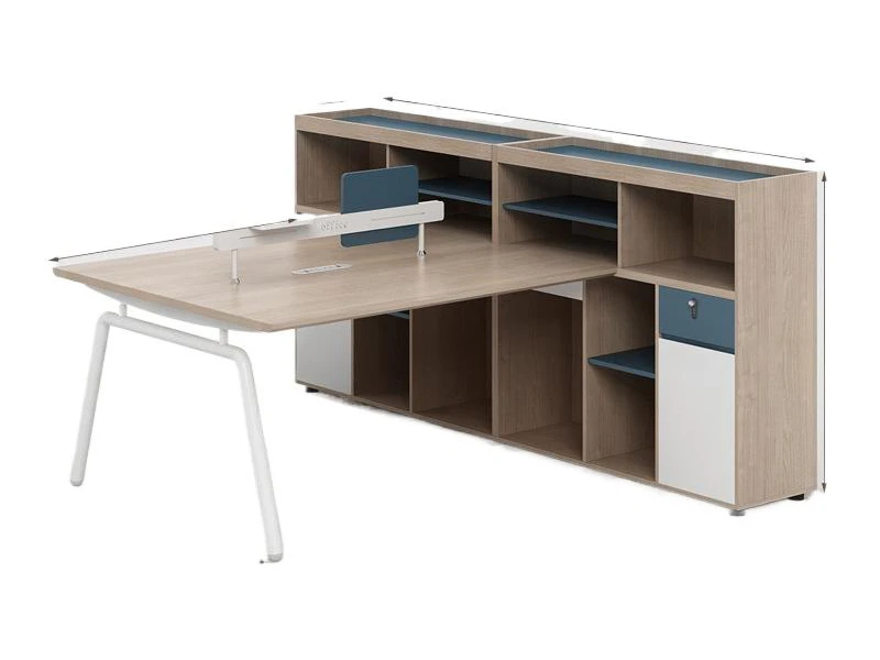 Poste de travail de bureau moderne pour deux personnes avec &eacute;tag&egrave;res de rangement