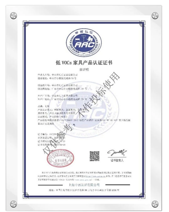 Certificat TVOC d'usine