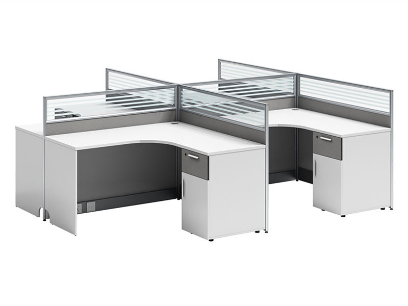 Cellule modulaire en forme de L avec socle de rangement et cloisons intégrés