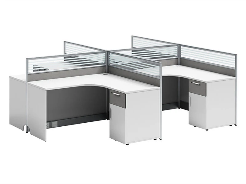 Cellule modulaire en forme de L avec socle de rangement int&eacute;gr&eacute; et support de rangement. Partitions
