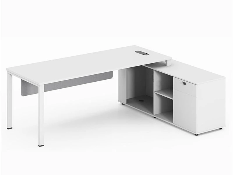 Bureau de direction moderne en forme de L avec rangement blanc