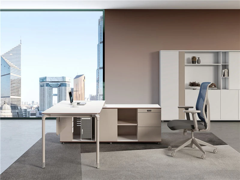 Bureau d'ordinateur ex&eacute;cutif minimaliste avec tiroir et amplificateur. Armoire lat&eacute;rale