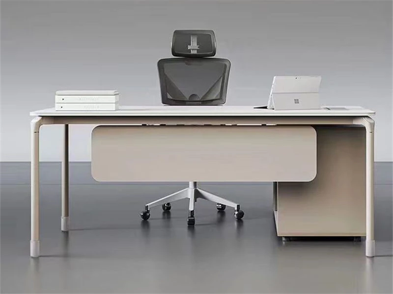 Bureau d'ordinateur ex&eacute;cutif minimaliste avec tiroir et amplificateur. Armoire lat&eacute;rale