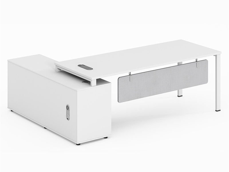 Bureau de direction moderne en forme de L avec rangement blanc