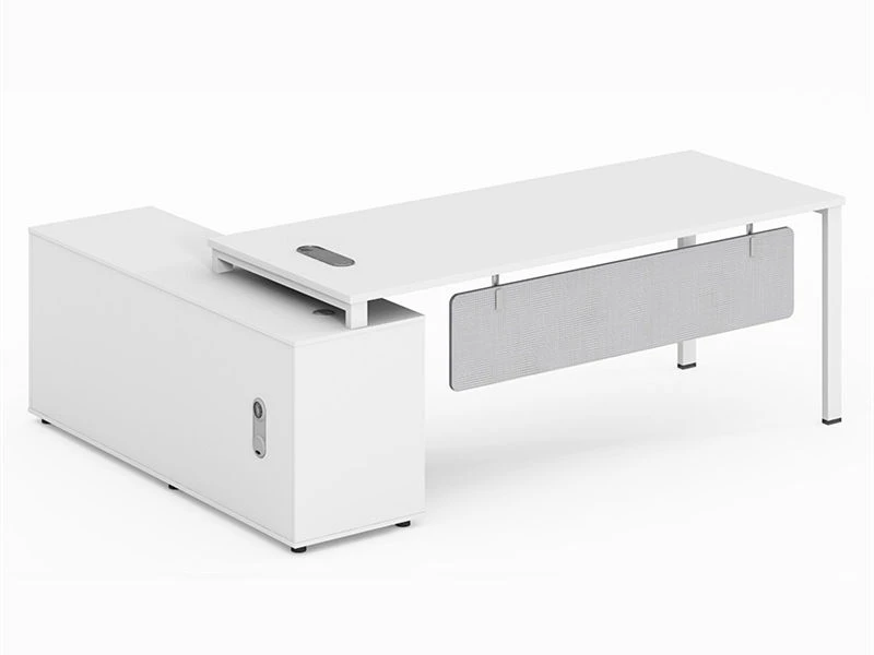 Bureau de direction moderne en forme de L avec rangement blanc