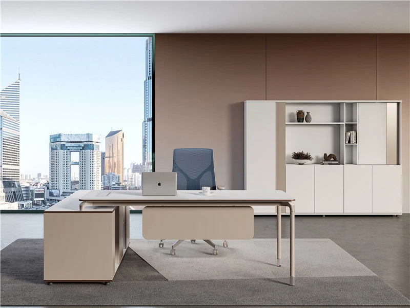 Bureau d'ordinateur ex&eacute;cutif minimaliste avec tiroir et amplificateur. Armoire lat&eacute;rale